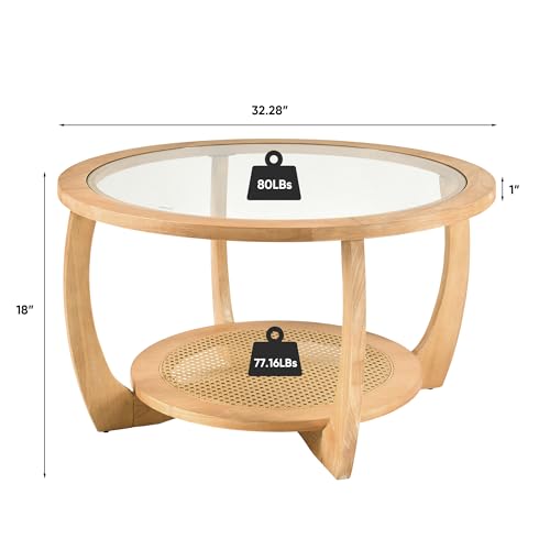 Round Wood Glass Rattan Coffee Table A1180