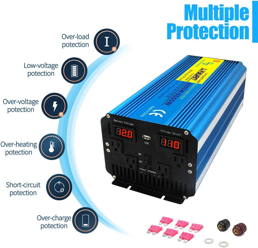 Pure Sine Wave Power Inverter 4000W 12V to 110V DC to AC with LED Display Remote Controller N330