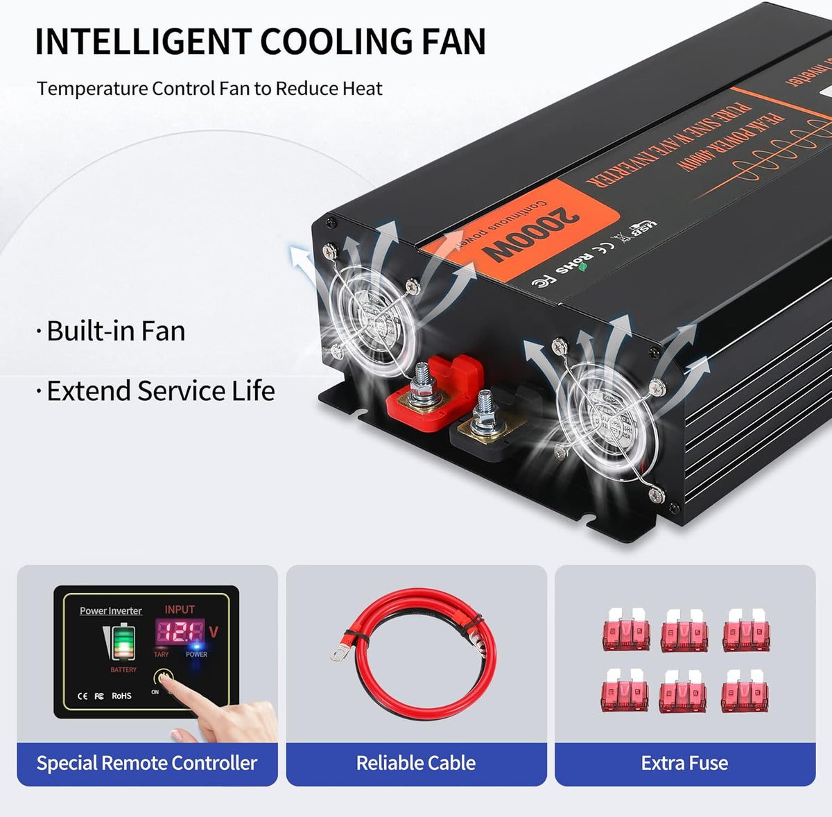 2000W Pure Sine Wave Power Inverter DC 12V to AC 120V with LCD Display Remote Control USB Port B739