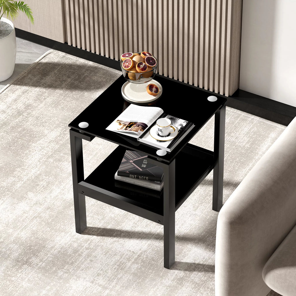 Black Tempered Glass 2 Layer End Table O4796