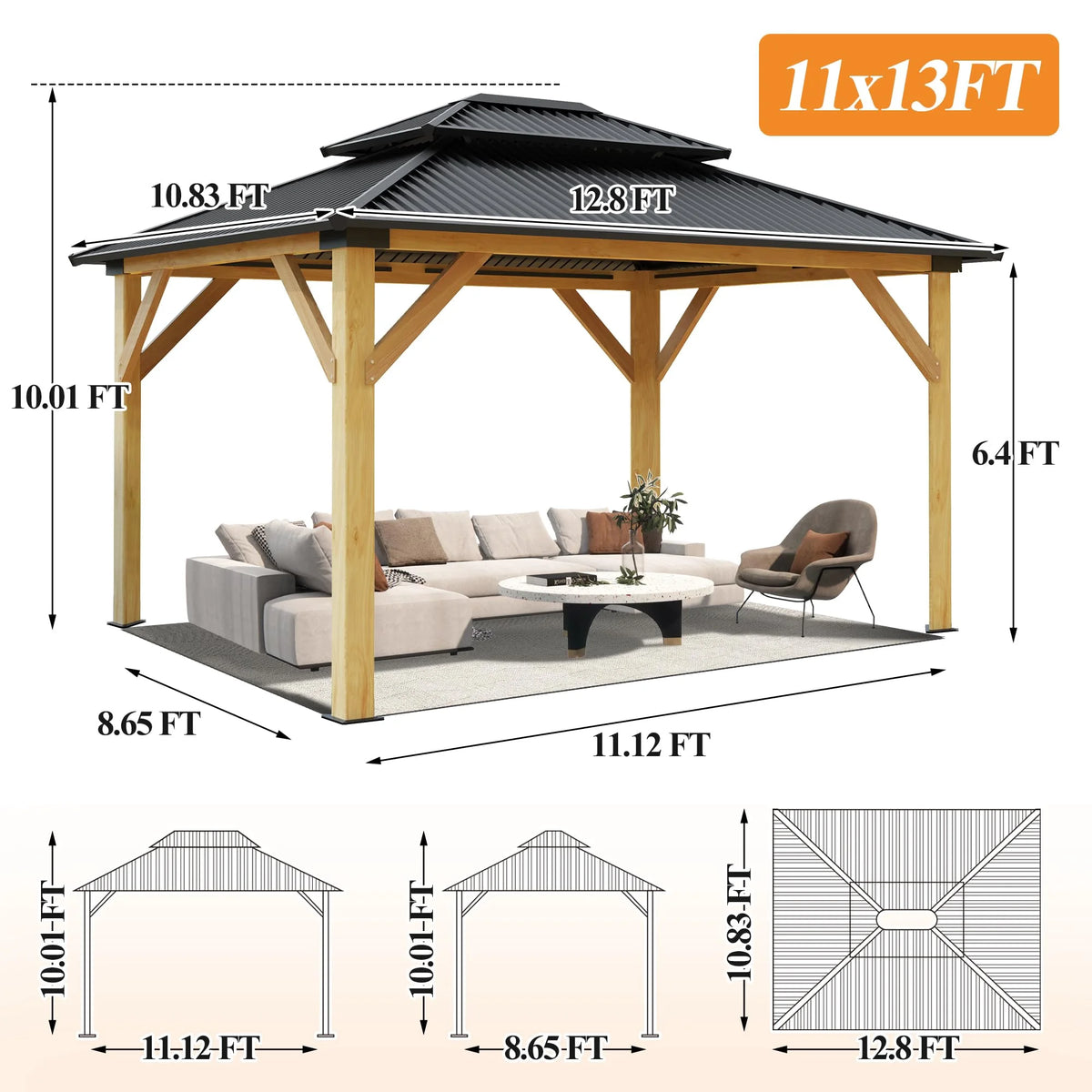 11’x13’ Outdoor Wooden Gazebo with Double Vented Roof P467513