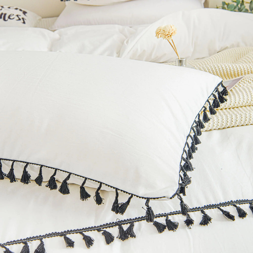 White Black Tassel King Duvet Cover Set Z77352